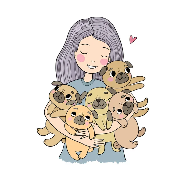 Meisje met grappige schattige pugs. Cartoon vrolijke honden. vijf puppies. — Stockvector