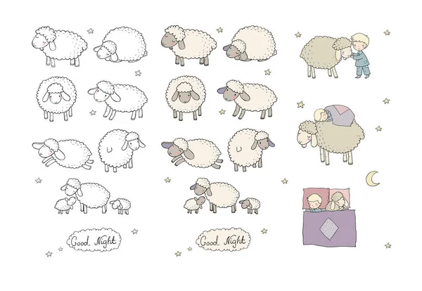 Sleeping boy and cute cartoon sheep. Good night. sleep time. Print for pajamas . — Stock Vector