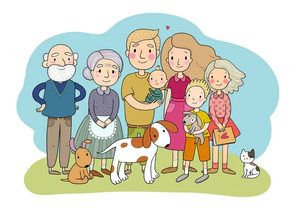 행복 한 가족이죠. 자녀가 있는 부모. 귀여운 만화 아버지, 엄마, 딸, 아들 그리고 아기. 할머니와 할아버지. 재밌는 애완 고양이와 개 — 스톡 벡터