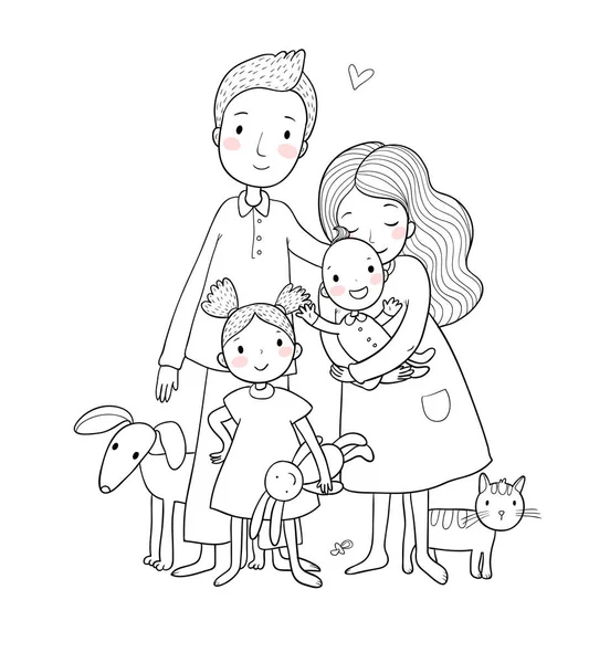 Una familia feliz. Padres con hijos. Lindo padre de dibujos animados, mamá, hija, hijo y bebé. Divertido gato y perro mascota — Vector de stock