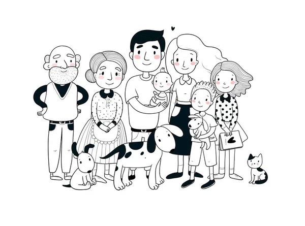Šťastnou rodinu. Rodiče s dětmi. Roztomilý kreslený táta, máma, dcera, syn a dítě. Babička a dědeček. Vtipná kočka a pes — Stockový vektor