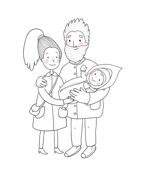 Familia feliz con recién nacidos. Mamá, papá y los niños de paseo. Linda pareja de dibujos animados y bebé — Vector de stock