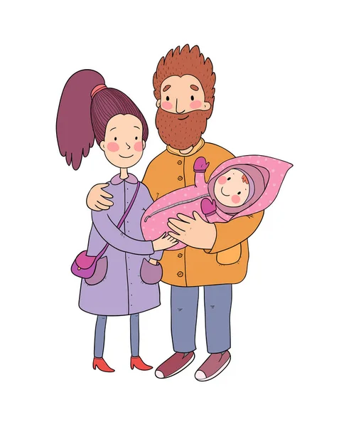 Família feliz com recém-nascidos. Mãe, pai e filhos a passear. Bonito casal de desenhos animados e bebê —  Vetores de Stock
