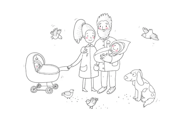 Счастливая семья с новорожденными. Мама, папа и дети на прогулке. Весёлый смешной пёс и голуби. Симпатичная мультипликационная пара и ребенок — стоковый вектор
