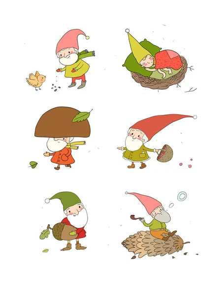 Lindo divertido gnomos jardín de dibujos animados. Divertidos elfos — Vector de stock