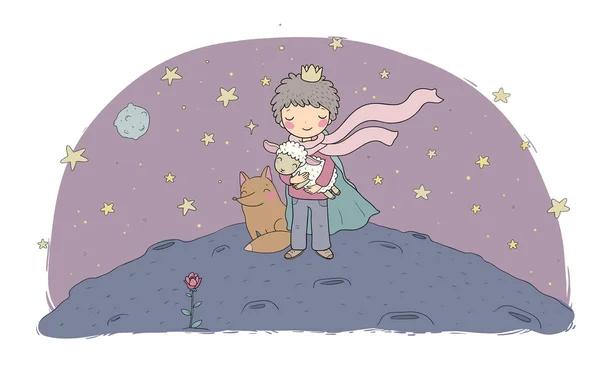 Die kleine Prinzessin. Märchen über einen Jungen, eine Rose, einen Planeten und einen Fuchs. — Stockvektor