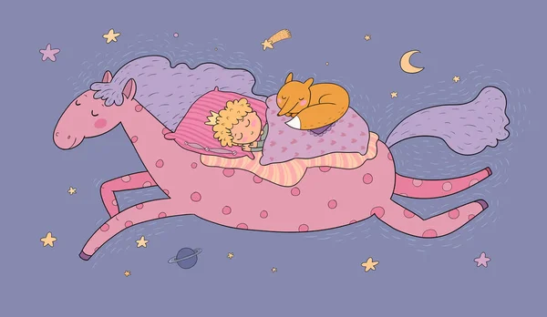 El chico de la corona duerme en un pony mágico. El pequeño rey. Buenas noches. Dulces sueños — Vector de stock