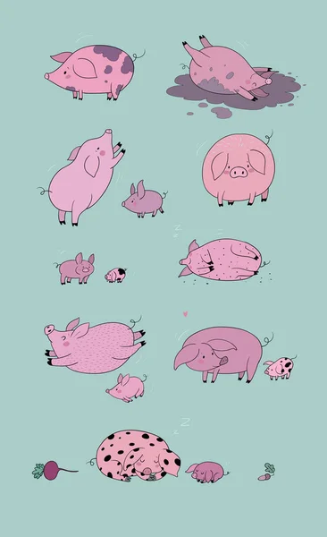 Ensemble avec des porcs de dessin animé mignons. Animaux de ferme. Cochon dans différentes poses — Image vectorielle