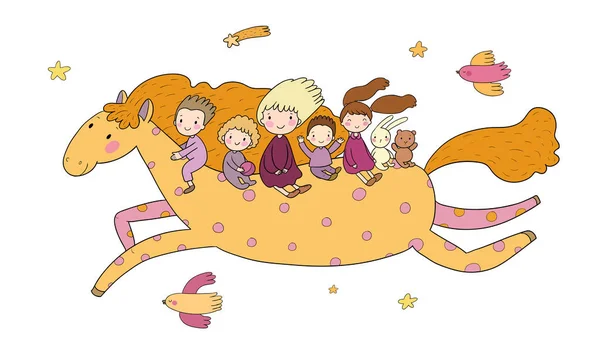Kleiner Prinz. Netter Cartoon-Junge in Krone fliegt auf einem Pony. fröhliche Hasen, Schafe und Hühner — Stockvektor