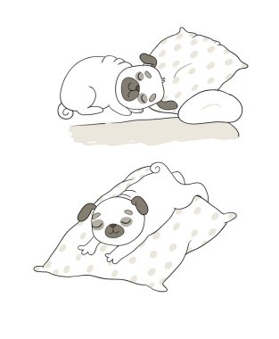 Tatlı çizgi film pug seti. Veteriner için neşeli, komik bir köpek resmi. Vektör