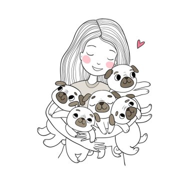 Komik sevimli köpekleri olan bir kız. Çizgi filmlerdeki neşeli köpekler. beş köpek yavrusu.