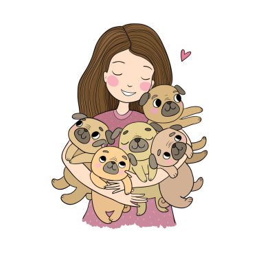 Komik sevimli köpekleri olan bir kız. Çizgi filmlerdeki neşeli köpekler. beş köpek yavrusu.
