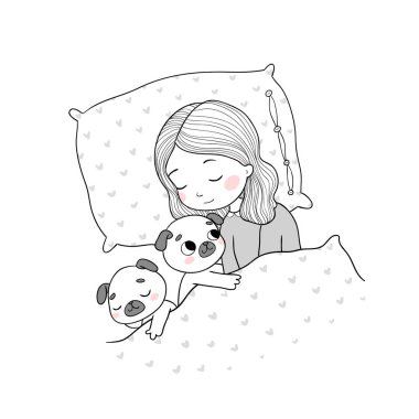 Uyuyan güzel bir genç kız ve sevimli bir köpek. Battaniyenin altındaki komik evcil köpek yavrusu. Vektör