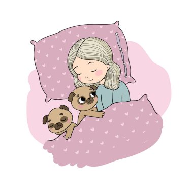 Uyuyan güzel bir genç kız ve sevimli bir köpek. Battaniyenin altındaki komik evcil köpek yavrusu. Vektör