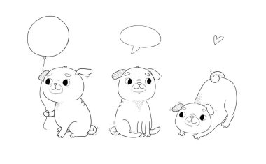 Tatlı çizgi film pug seti. Veteriner için neşeli, komik bir köpek resmi. Vektör