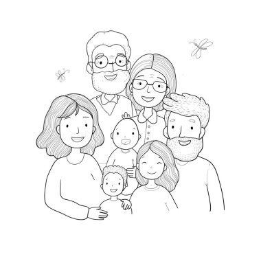 Mutlu bir aile. Çocuklu ebeveynler. Sevimli çizgi film babası, anne, kız, oğul ve bebek. Büyükanne ve büyükbaba.