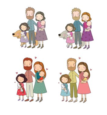Mutlu bir aile. Sevimli çizgi film babası, anne, kız ve bebek. Komik kedi ve köpek. Evcil hayvanlar