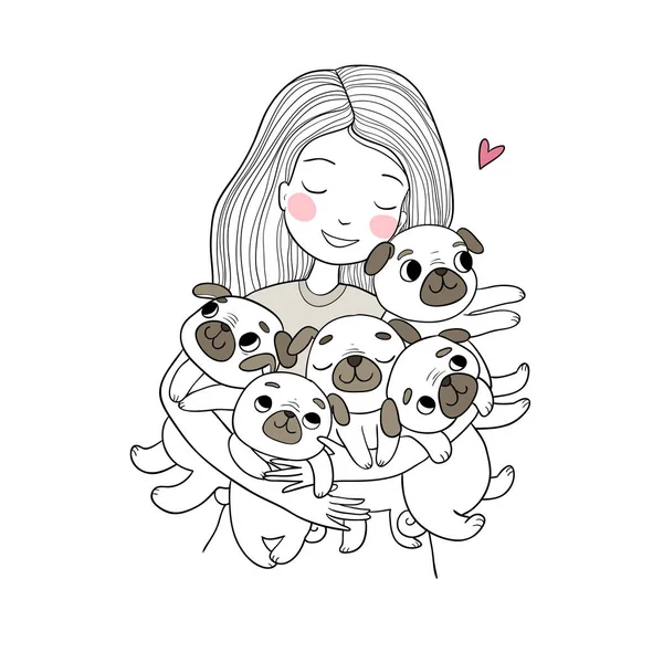 Meisje met grappige schattige pugs. Cartoon vrolijke honden. vijf puppies. — Stockvector