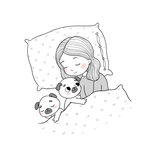 Durmiendo hermosa chica joven y un lindo pugs. Cachorro mascota favorita divertida debajo de la manta. Vector — Vector de stock