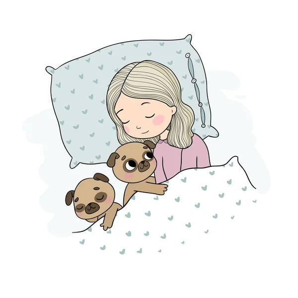 Dormir belle jeune fille et un carlin mignon. Chiot favori drôle sous la couverture. Vecteur — Image vectorielle