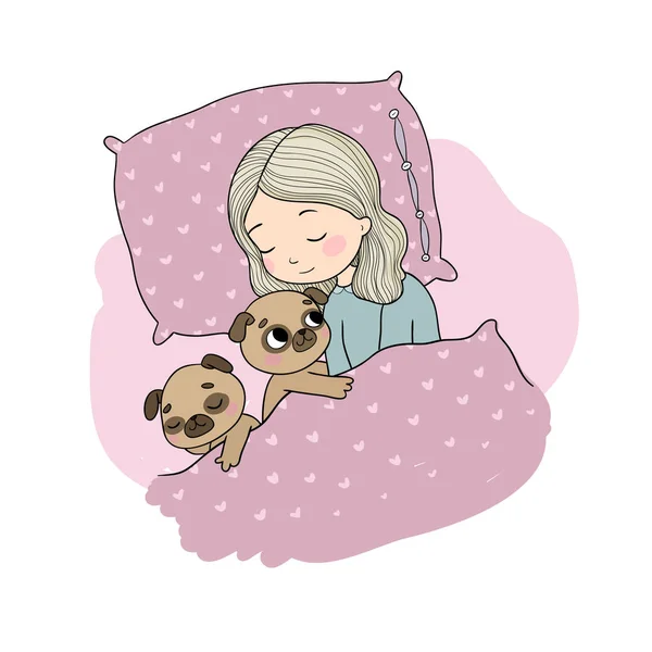 Spící krásná mladá dívka a roztomilé pugs. Vtipné oblíbené štěně pod dekou. Vektor — Stockový vektor