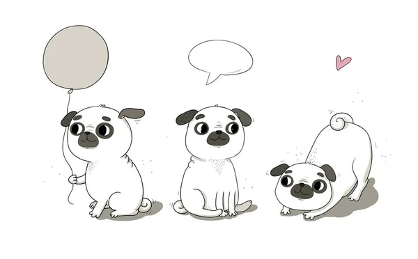 Lindo conjunto de pug de dibujos animados. Alegre foto divertida perro para el veterinario. Vector — Vector de stock