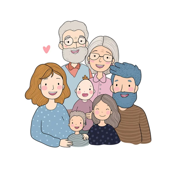 Mutlu bir aile. Çocuklu ebeveynler. Sevimli çizgi film babası, anne, kız, oğul ve bebek. Büyükanne ve büyükbaba. — Stok Vektör