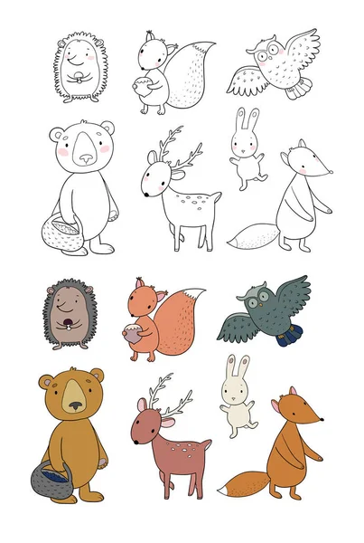 Лесовые звери. Набор с симпатичными карикатурными медведями, лисами, зайцами и скворцами, совами и оленями. Дизайн для детей — стоковый вектор