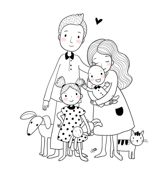 Una famiglia felice. Carino il padre dei cartoni animati, mamma, figlia e bambino. Gatto e cane divertenti. Animali domestici — Vettoriale Stock