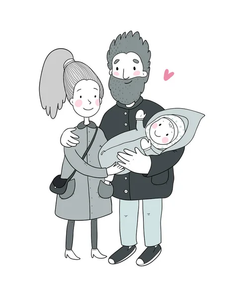 Família feliz com recém-nascidos. Mãe, pai e filhos a passear. Bonito casal de desenhos animados e bebê — Vetor de Stock