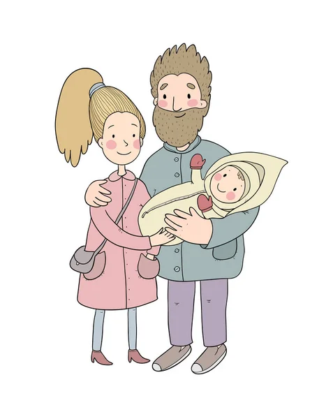 Yeni doğmuş bebekleri olan mutlu bir aile. Anne, baba ve çocuklar yürüyüşe çıktı. Tatlı karikatür çifti ve bebek — Stok Vektör