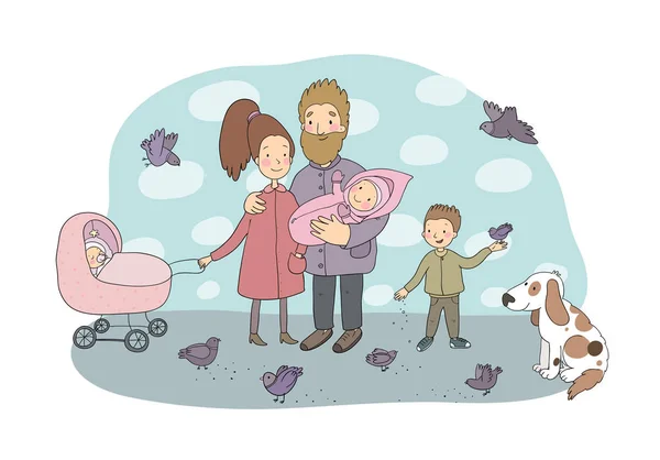 Família feliz com recém-nascidos. Mãe, pai e filhos a passear. Cão engraçado alegre e pombos. Bonito casal de desenhos animados e bebê — Vetor de Stock