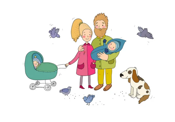 Familia feliz con recién nacidos. Mamá, papá y niños en un paseo. Perro