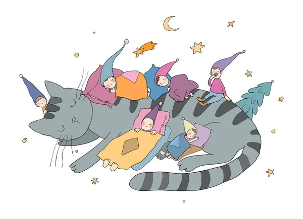 Slaap schattige kabouters en een kat. Magische elfen. Bostrollen. — Stockvector