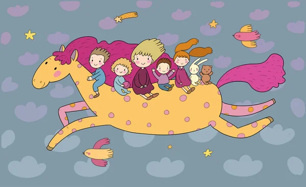 Bonito desenhos animados crianças estão voando em um cavalo mágico. Crianças s festa aniversário cartão . — Vetor de Stock