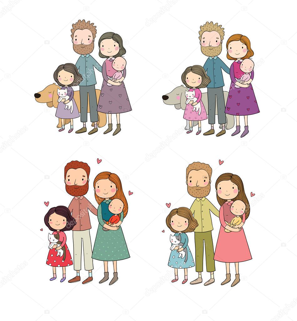 A happy family. Cute cartoon dad, mom, daughter and baby. Funny cat and dog. Pets