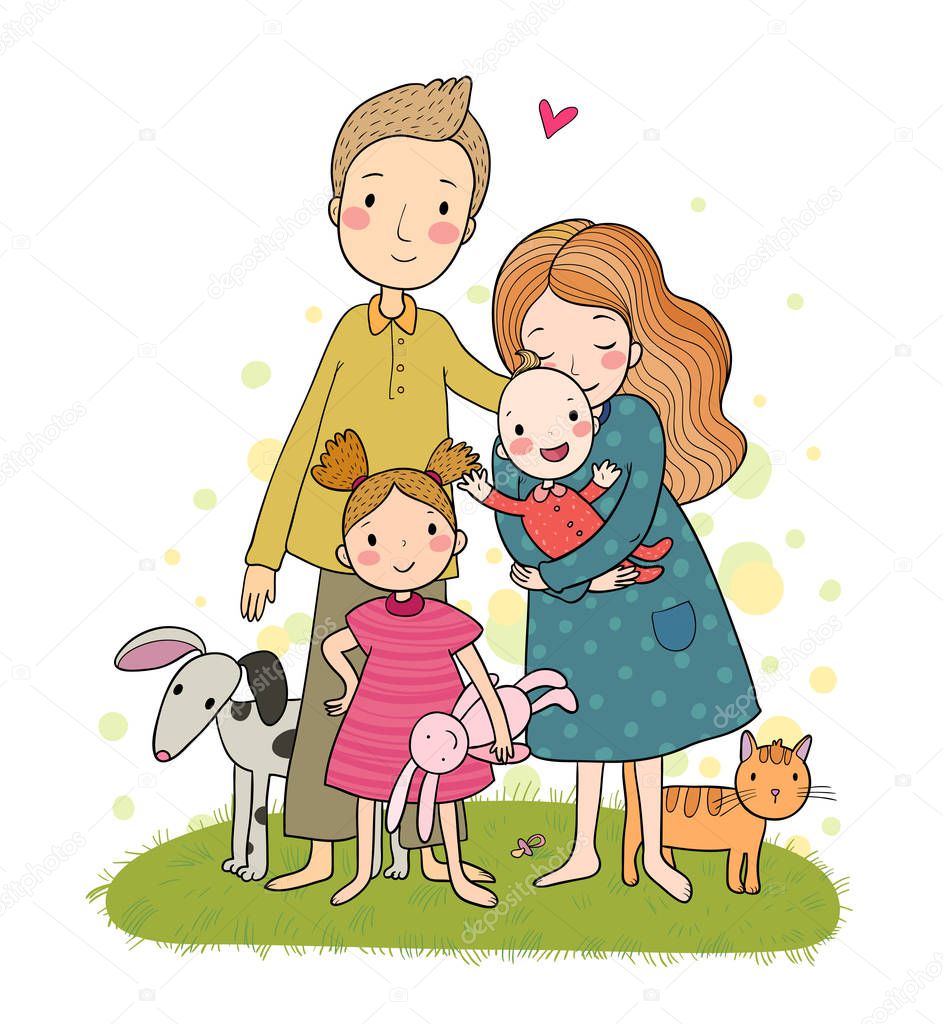 A happy family. Cute cartoon dad, mom, daughter and baby. Funny cat and dog. Pets