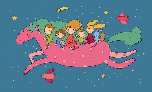 Tatlı çizgi film çocukları sihirli bir atın üstünde uçuyorlar. Çocukların doğum günü tebrik kartı.. — Stok Vektör