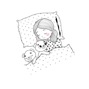 Uyuyan güzel bir genç kız ve sevimli bir köpek. Battaniyenin altındaki komik evcil köpek yavrusu. Vektör