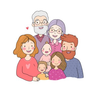 Mutlu bir aile. Çocuklu ebeveynler. Sevimli çizgi film babası, anne, kız, oğul ve bebek. Büyükanne ve büyükbaba.