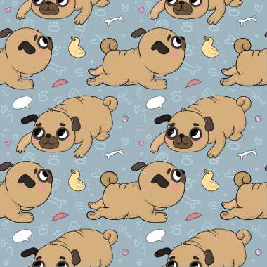 Tatlı çizgi film pug deseni. Veteriner için neşeli, komik bir köpek resmi. Vektör
