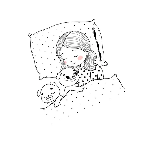Durmiendo hermosa chica joven y un lindo pugs. Cachorro mascota favorita divertida debajo de la manta. Vector — Vector de stock