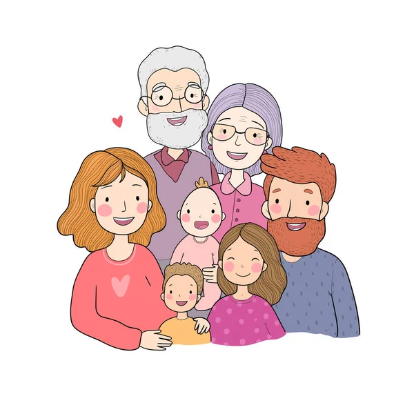 Uma família feliz. Pais com filhos. Bonito desenho animado pai, mãe, filha, filho e bebê. avó e avô . — Vetor de Stock