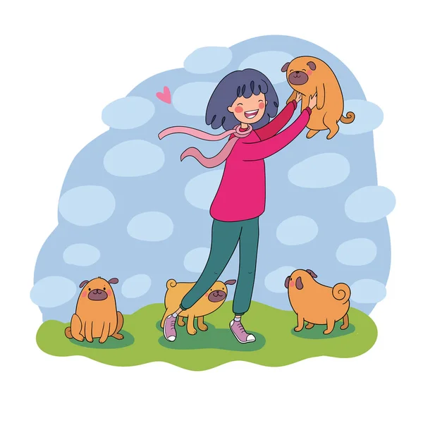 Γελοιογραφία γυναίκα σε μια βόλτα με τα κουτάβια. Όμορφη νεαρή κοπέλα και ένα χαριτωμένο σκυλάκι. Κατοικίδια. — Διανυσματικό Αρχείο