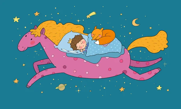 El chico de la corona duerme en un pony mágico. El pequeño rey. Buenas noches. Dulces sueños — Vector de stock
