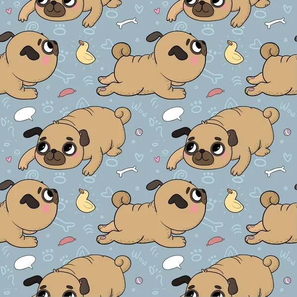 Bonito desenho animado pug padrão. Imagem engraçada alegre do cão para o veterinário. Vetor — Vetor de Stock