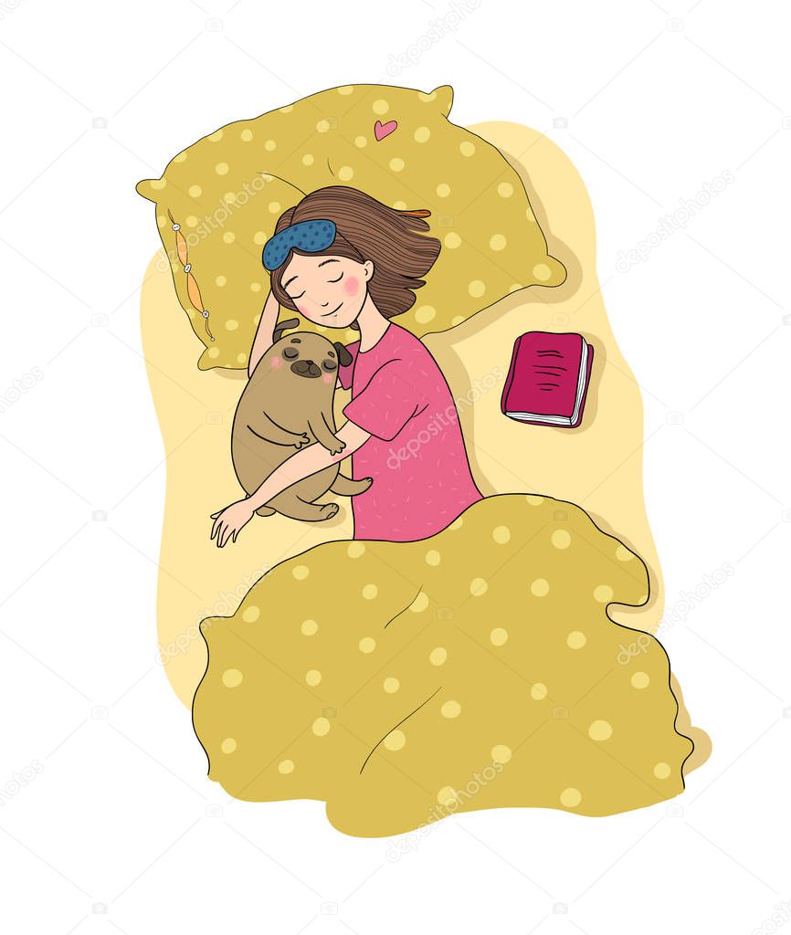 Sleeping beautiful young girl and a cute pugs. Funny Favourite pet puppy under blanket. Vector