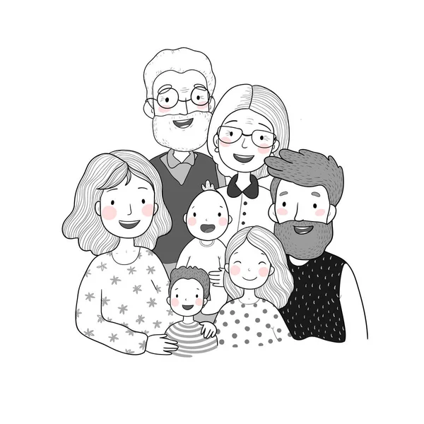 Eine glückliche Familie. Eltern mit Kindern. niedlichen Karikatur Vater, Mutter, Tochter, Sohn und Baby. Großmutter und Großvater. — Stockvektor