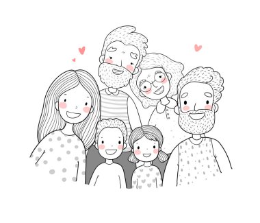 Mutlu bir aile. Çocuklu ebeveynler. Sevimli çizgi film babası, anne, kız, oğul ve bebek. Büyükanne ve büyükbaba.