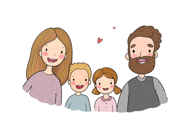 Uma família feliz. Pais com filhos. Desenhos animados bonitos pai, mãe, filha, filho e bebê . — Vetor de Stock